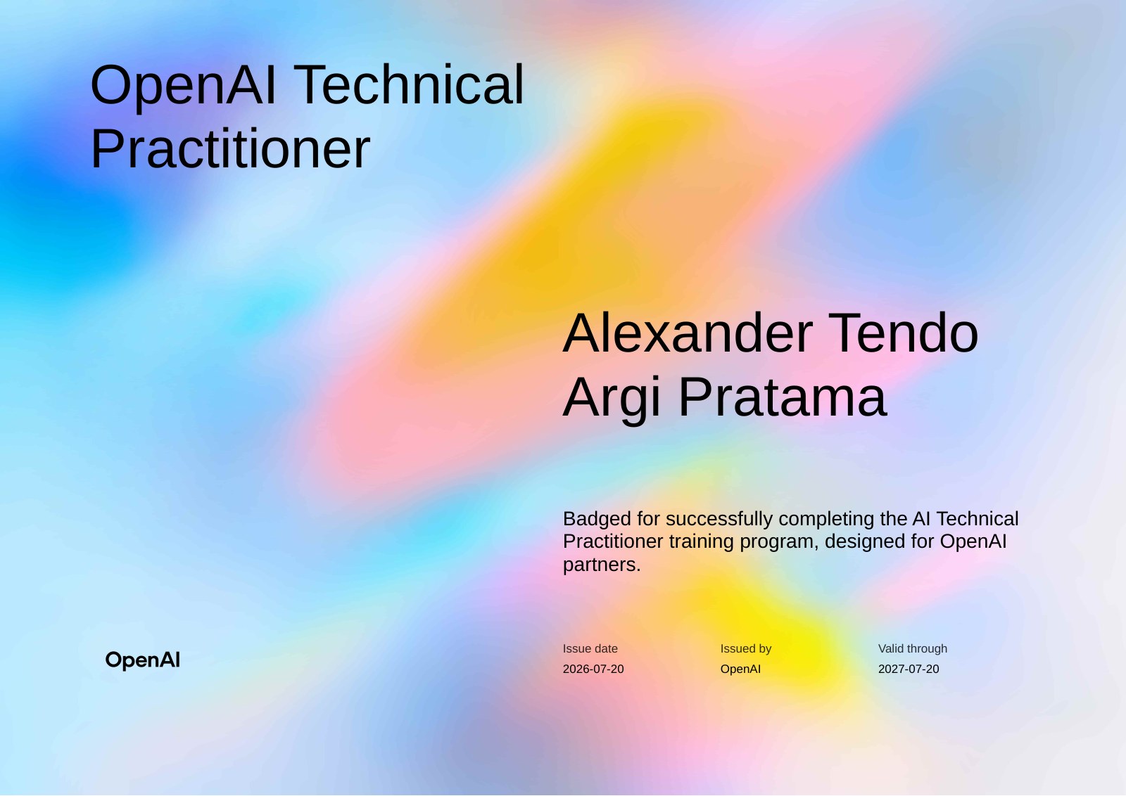 OpenAI Technical Practitioner certificate awarded to Alexander Tendo Argi Pratama