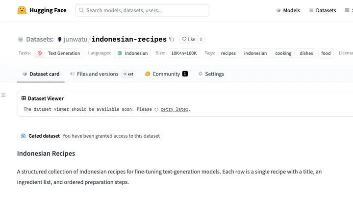 Indonesian Recipes Dataset preview from Argi Tendo's Threads post